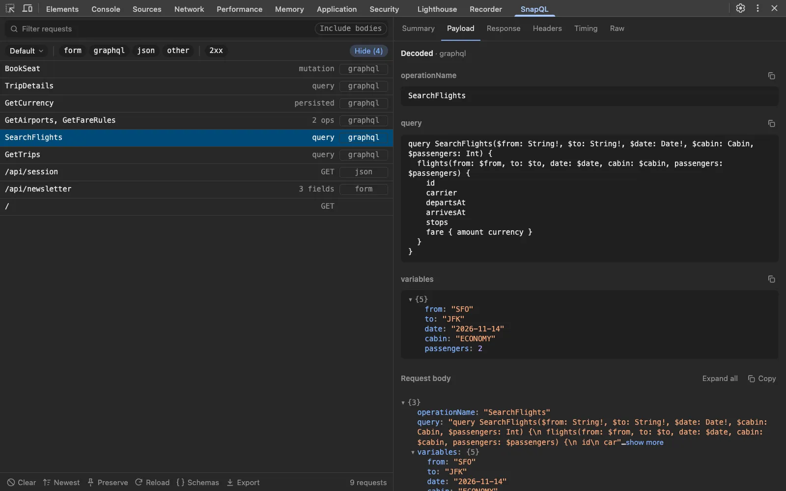 SnapQL listing GraphQL operations by name, with the SearchFlights query and its variables decoded.