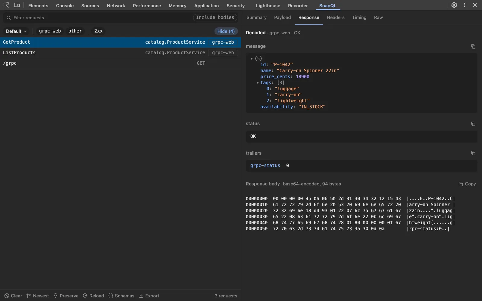 A gRPC-web GetProduct response decoded with field names from catalog.proto.