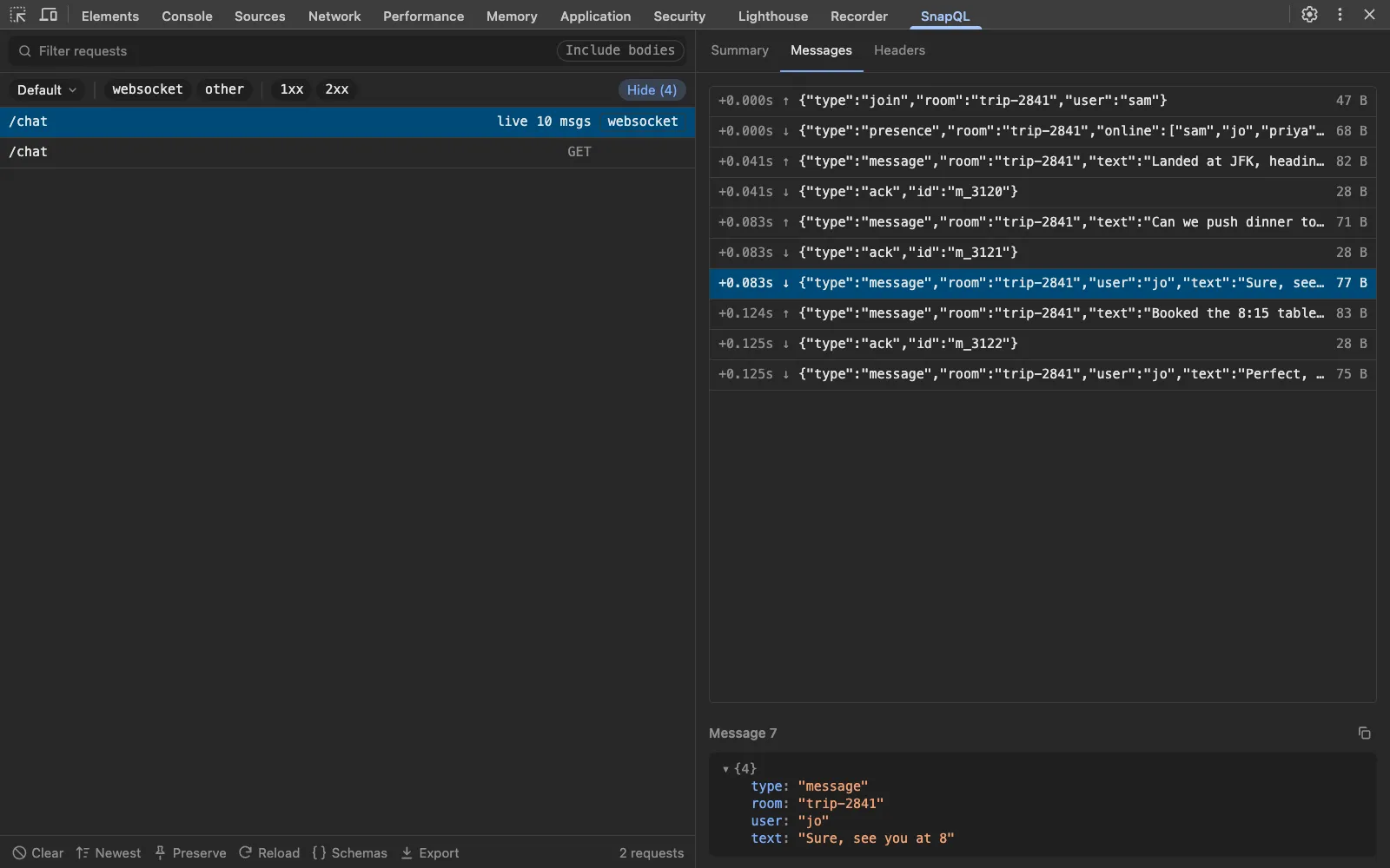 A WebSocket connection's messages listed, with message 7 decoded.