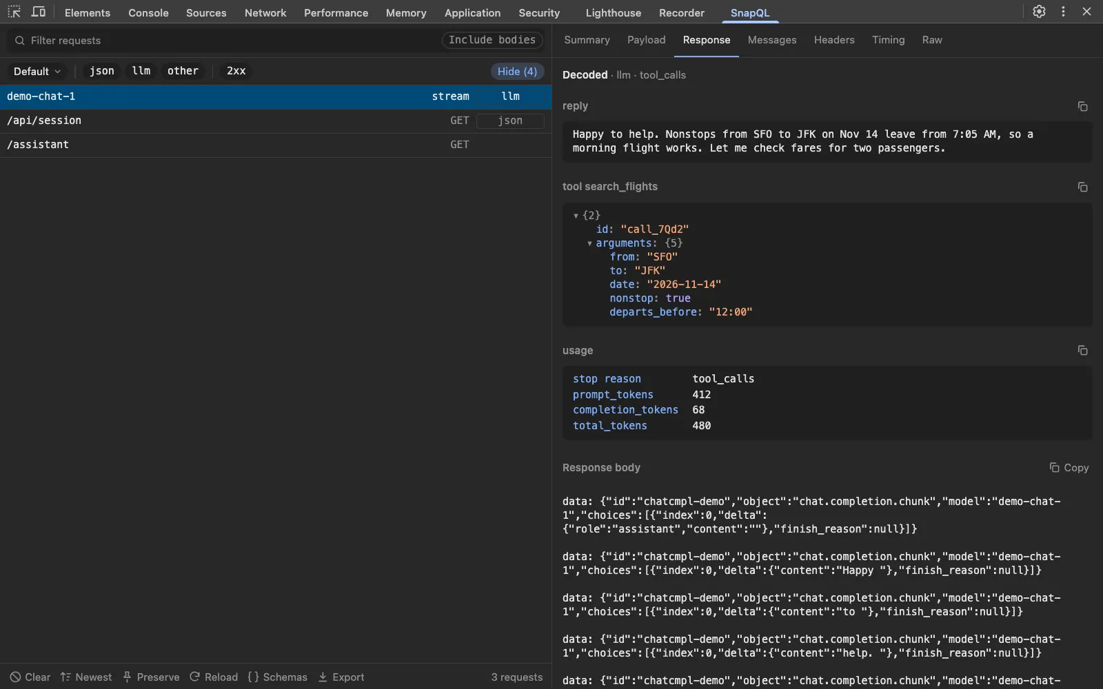An LLM chat stream reassembled into a reply, a tool call and token usage.