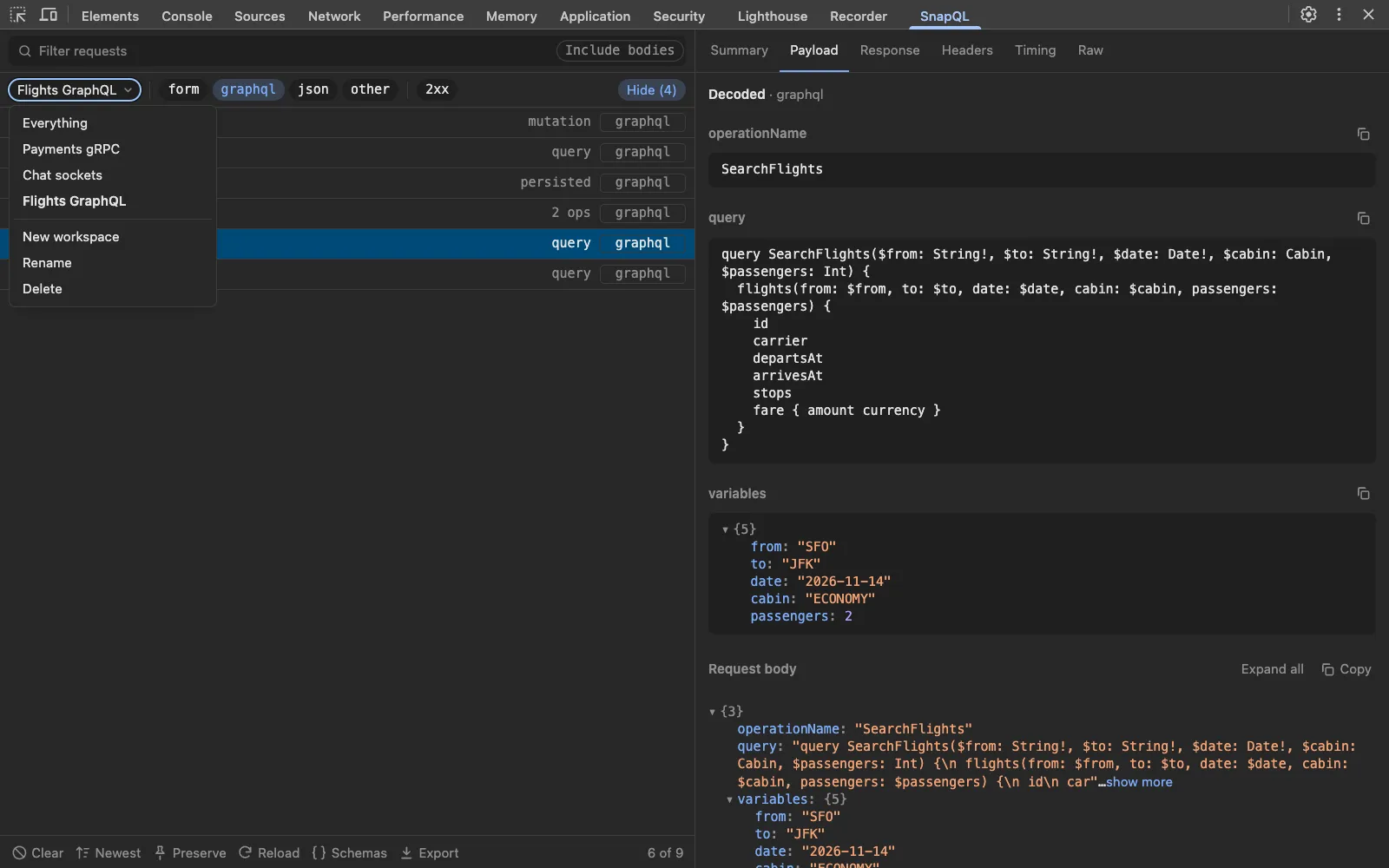 The workspace menu open in SnapQL, listing Everything, Payments gRPC, Chat sockets and Flights GraphQL, with Flights GraphQL active and only graphql requests shown.
